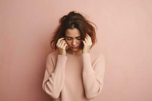 Portrait of stress woman, sadness and tried expression face isolated on studio background. Sad emotion concept. AI Generated photo