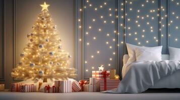 Merry Christmas with beautiful winter tree and light in the cozy room background. AI Generated photo
