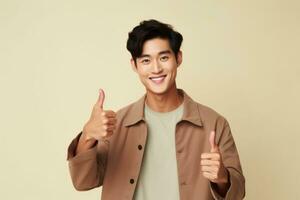 Portrait of happy young man thumbs up isolated on studio background. Positive successful or approving advertisement concept. AI Generated photo