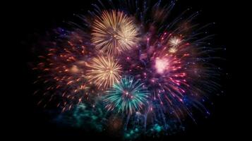 Colorful fireworks of various colors over night sky background. Party Celebration abstract background illustration. AI Generated photo