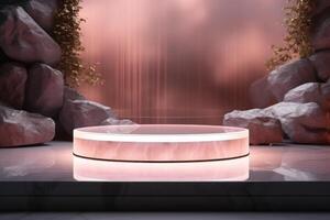 Stone podium muckup with neon studio light effect background. photo