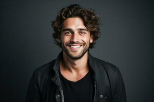 Happy young man portrait with fashion shirt smile on studio background. AI Generated photo
