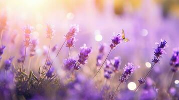 Beautiful lavender field with sunlight and beauty bokeh effect on blur background. Purple flowers garden nature landscape. AI Generated photo