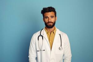 retrato de joven médico o enfermero masculino con uniforme en estudio antecedentes. médico hombre concepto. ai generado foto