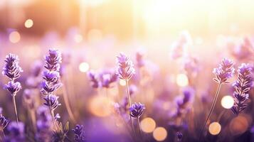 Beautiful lavender field with sunlight and beauty bokeh effect on blur background. Purple flowers garden nature landscape. AI Generated photo