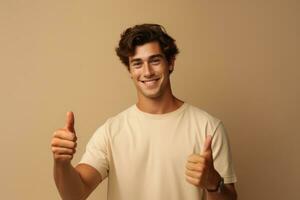 Portrait of happy young man thumbs up isolated on studio background. Positive successful or approving advertisement concept. AI Generated photo