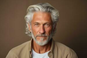 hermosa mayor hombre con gris cabello, contento masculino retrato en estudio antecedentes. ai generado foto