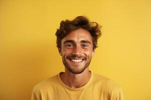 contento joven hombre retrato con Moda camisa sonrisa en estudio antecedentes. ai generado foto