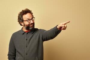 Portrait of a man pointing his finger isolated on studio background. AI Generated photo