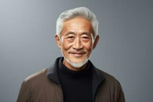 Beautiful senior man with gray hair, happy male portrait in studio background. AI Generated photo