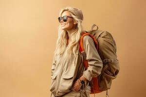 Portrait of young europe woman with tourist backpack isolated on studio background. Travel concept. AI Generated photo