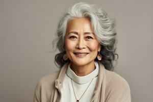 hermosa mayor mujer con gris cabello, contento hembra retrato en estudio antecedentes. ai generado foto