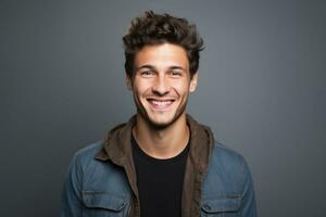 contento joven hombre retrato con Moda camisa sonrisa en estudio antecedentes. ai generado foto