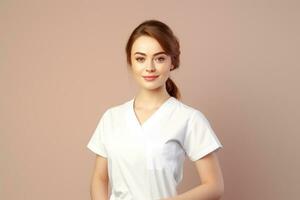 retrato de joven médico o enfermero hembra con uniforme en estudio antecedentes. médico mujer concepto. ai generado foto