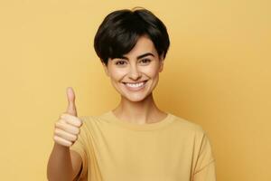 Portrait of happy young woman thumbs up isolated on studio background. Positive successful or approving advertisement concept. AI Generated photo