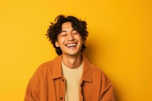 contento joven hombre retrato con Moda camisa sonrisa en estudio antecedentes. ai generado foto