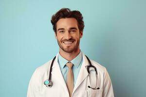 Portrait of young doctor or nurse male with uniform on studio background. Medical man concept. AI Generated photo