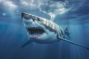 The King of the Ocean, The Great White male shark Hunter underwater view, Guadalupe island, Mexico. AI Generative photo