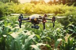 Drone monitoring crops and smart agriculture in a digital farming.  AI Generative photo