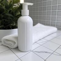 A white bottle of shampoo stands on the table in bathroom. AI Generative photo