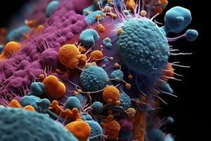 microscópico escala moho, bacterias, virus, célula en múltiple color resumen concepto, ai generado. foto
