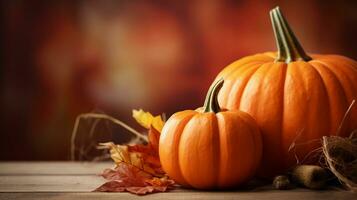 AI Generated Autumn pumpkin with maple leaves over wooden table background. Thanksgiving harvest design concept photo