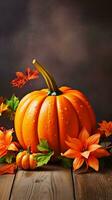 AI Generated Autumn pumpkin with maple leaves over wooden table background. Thanksgiving harvest design concept photo