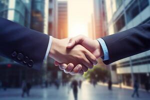 Business man handshaking with each other with building in the background, . photo