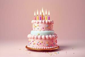 Colorful birthday cake on pastel background. Sweet and delicious Happy Birthday cake, copy space. Celebration concept. AI Generative photo