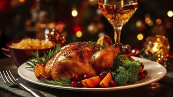 Juicy and tasty roast turkey on a plate with Christmas decorations. Roasted chicken with vegetables, Roast chicken party, all kinds of food, beer. AI Generative photo