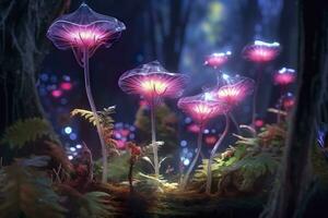 A bioluminescent alien crystal forest with flowers, bioluminescent carnivorous plants, AI Generative photo