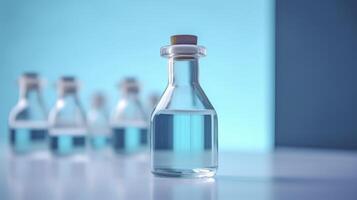 A Science Beaker in the laboratory on a table white and light blue background. laboratory equipment out of focus. AI Generative photo