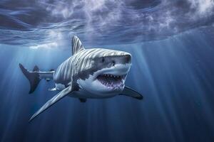 el Rey de el océano, el genial blanco masculino tiburón cazador submarino vista, guadalupe isla, México. ai generativo foto