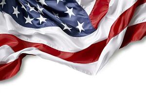 Closeup ruffled American flag isolated. solid white backgroud. AI Generative photo