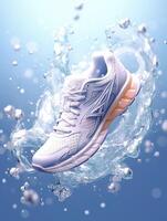 Sports shoes surrounded by transparent flowers, splashing with water droplets, emitting light white blue, AI Generative photo