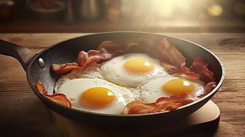 Bacon and eggs in a pan. Composition with tasty fried eggs and bacon on wooden table. AI Generative photo