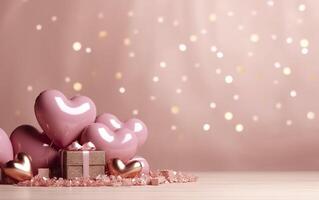 Happy Valentines Day banner. Pink and gold hearts foil balloons with gifts on pink bokeh. Valentine's Day background. Romantic banner Background, empty space for text,  AI Generative photo