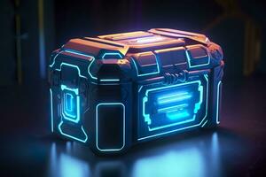 Modern and Futuristic Neon Digital Gaming Chest in Cartoon Pixar 3D Blender Style. AI Generative photo