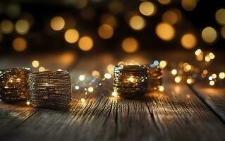 Christmas bokeh background, wooden background with bokeh, glitter stars, rustic wood, and Backdrop for product presentation. AI Generative photo
