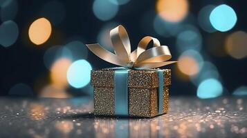 Festive gift box against bokeh background. Holiday greeting card. Typically used for birthday, anniversary presents, gift cards, post cards. AI Generative photo