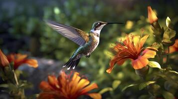 Hummingbird flying to pick up nectar from a beautiful flower. Digital artwork. AI Generative photo