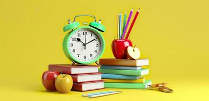 popular Arte ilustración de colegio accesorios con manzanas, libros, y un alarma reloj en el colegio antecedentes. espalda a colegio concepto. 3d representación, ai generativo foto