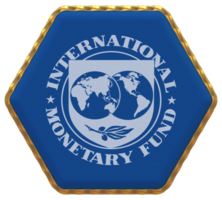 internacional monetario fondo, imf bandera en hexágono forma con oro borde, bache textura, 3d representación png