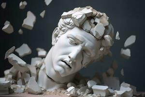 roto antiguo griego estatua cabeza que cae en piezas. roto mármol escultura, agrietamiento busto, concepto de depresión, memoria pérdida, mentalidad pérdida o enfermedad. ai generativo foto