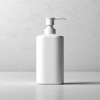 Cosmetic rounded all white soap bottle mockup on white table. AI Generative photo