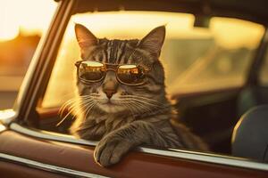 capturar un soñador reflexión por fotografiando un gato vistiendo Gafas de sol con un Clásico leica m6, destacando el textura y contraste de un antiguo Temporizador coche. ai generativo foto