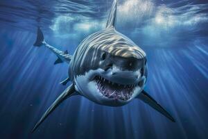 The King of the Ocean, The Great White male shark Hunter underwater view, Guadalupe island, Mexico. AI Generative photo