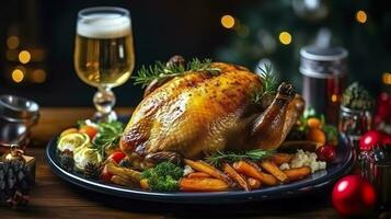 Juicy and tasty roast turkey on a plate with Christmas decorations. Roasted chicken with vegetables, Roast chicken party, all kinds of food, beer. AI Generative photo