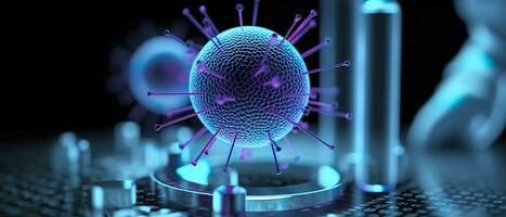 Scientists studying the serious coronavirus, virus. Pharmaceutical scientific research background. AI Generative photo