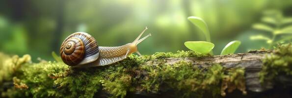 A Journey Through the Forest. Close-up of a Snail in the Forest with Natural Background. AI Generative photo